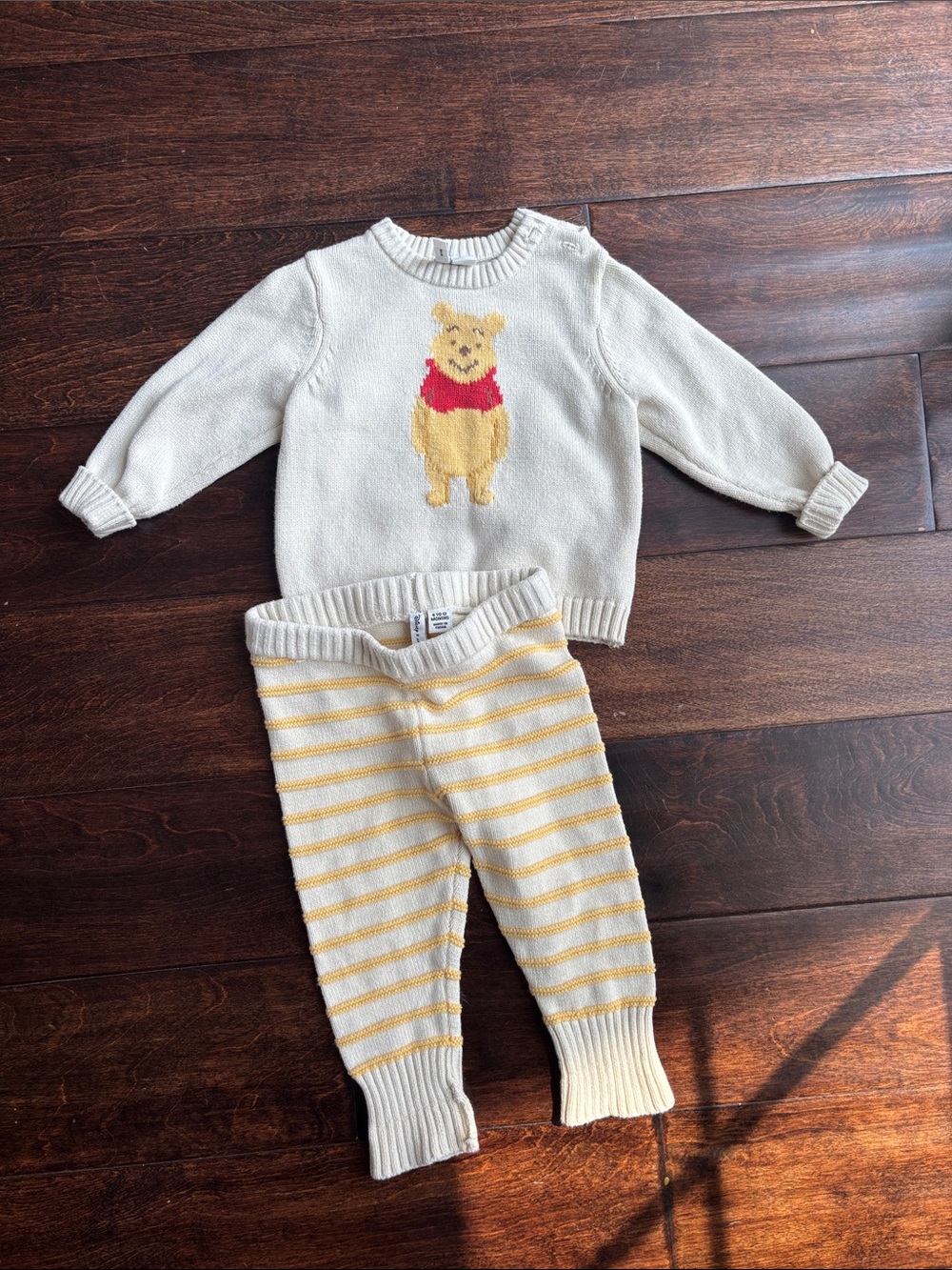 Janie and Jack Cream Knit Set with Yellow & Red Winnie-the-Pooh